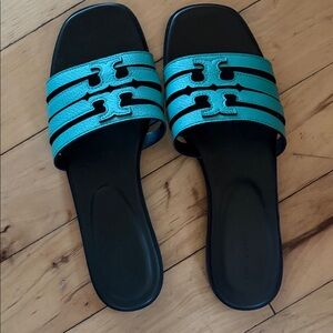 Tory Burch Black and Teal Slide Sandals